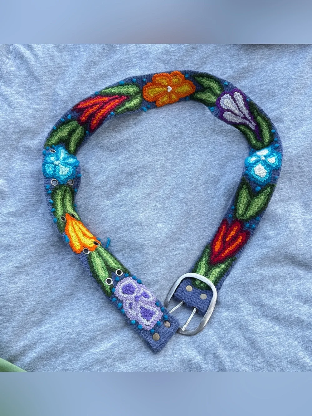Jenny Krauss 100% Wool Hand-Embroidered Floral Belt Boho Peru Floral XS-M